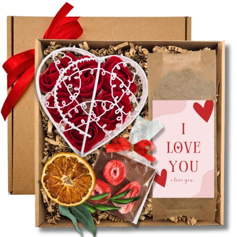 Zestaw MYDLANE RÓŻE ""I LOVE YOU"" - herbatka, czekoladka i mydlane róże