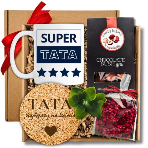 SUPER TATA ZESTAW Z KUBKIEM, PODKŁADKĄ KORKOWĄ, ORZECHAMI I CZEKOLADĄ SUPER TATA ZESTAW Z KUBKIEM, PODKŁADKĄ KORKOWĄ, ORZECHAMI I CZEKOLADĄ