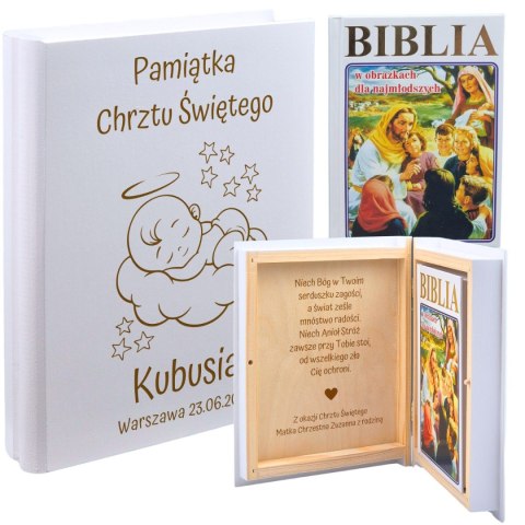 BIBLIA W PUDEŁKU Z GRAWEREM NA CHRZEST ŚWIĘTY