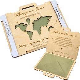 KARTKA W KSZTAŁCIE WALIZKI NA ŚLUB Z MAPĄ ŚWIATA Z KOPERTĄ W ŚRODKU 17,5X14 cm