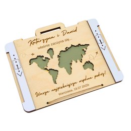 KARTKA W KSZTAŁCIE WALIZKI NA ŚLUB Z MAPĄ ŚWIATA Z KOPERTĄ W ŚRODKU 17,5X14 cm