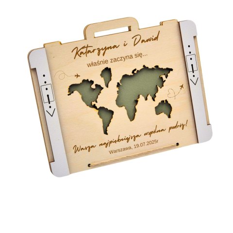 KARTKA W KSZTAŁCIE WALIZKI NA ŚLUB Z MAPĄ ŚWIATA Z KOPERTĄ W ŚRODKU 17,5X14 cm