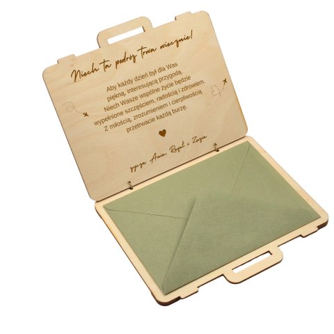 KARTKA W KSZTAŁCIE WALIZKI NA ŚLUB Z MAPĄ ŚWIATA Z KOPERTĄ W ŚRODKU 17,5X14 cm