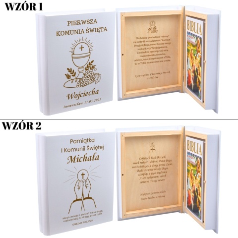 BIBLIA W DREWNIANYM PUDEŁKU PERSONALIZOWANYM NA KOMUNIĘ - GRAWER LASER