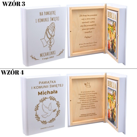 BIBLIA W DREWNIANYM PUDEŁKU PERSONALIZOWANYM NA KOMUNIĘ - GRAWER LASER