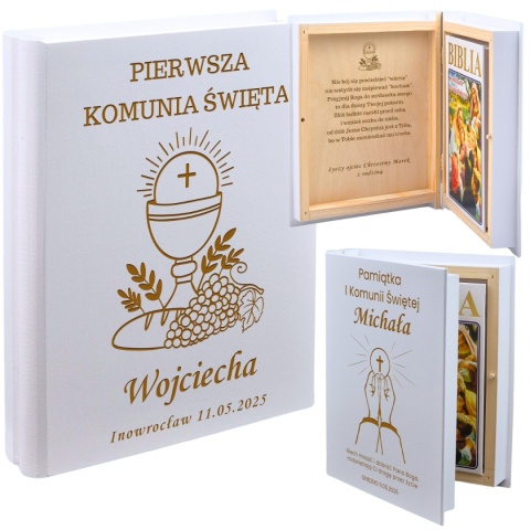 BIBLIA W DREWNIANYM PUDEŁKU PERSONALIZOWANYM NA KOMUNIĘ - GRAWER LASER