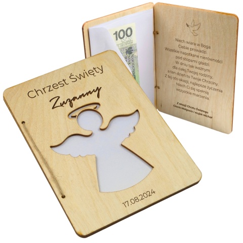 DREWNIANA PAMIĄTKA NA CHRZEST Z BIAŁĄ KOPERTĄ 18x13cm