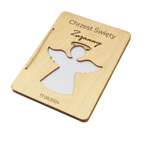 DREWNIANA PAMIĄTKA NA CHRZEST Z BIAŁĄ KOPERTĄ 18x13cm