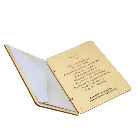 DREWNIANA PAMIĄTKA NA CHRZEST Z BIAŁĄ KOPERTĄ 18x13cm