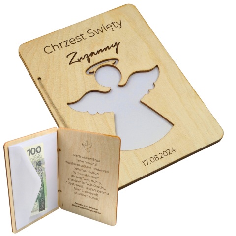 DREWNIANA PAMIĄTKA NA CHRZEST Z BIAŁĄ KOPERTĄ 18x13cm
