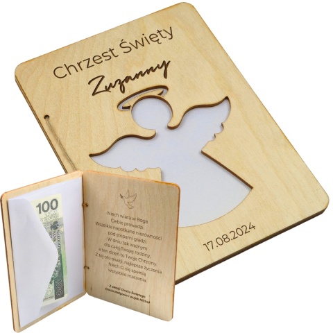 DREWNIANA PAMIĄTKA NA CHRZEST Z BIAŁĄ KOPERTĄ 18x13cm