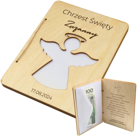 DREWNIANA PAMIĄTKA NA CHRZEST Z BIAŁĄ KOPERTĄ 18x13cm