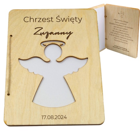 DREWNIANA PAMIĄTKA NA CHRZEST Z BIAŁĄ KOPERTĄ 18x13cm