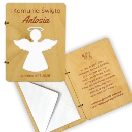 DREWNIANA PAMIĄTKA NA KOMUNIĘ Z BIAŁĄ KOPERTĄ 18x13cm