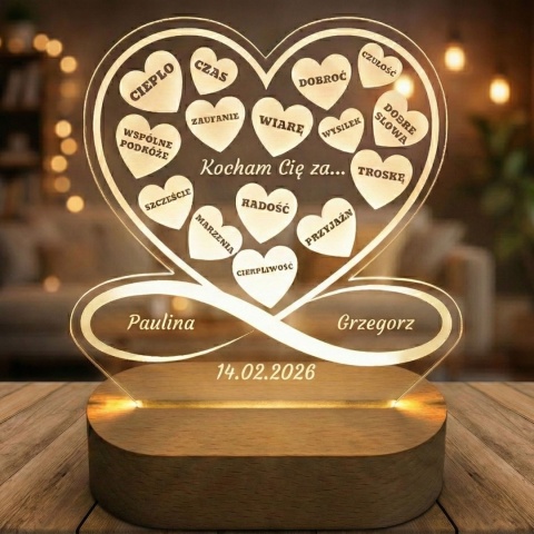 Lampka personalizowana z grawerem - prezent na walentynki dla niej i dla niego