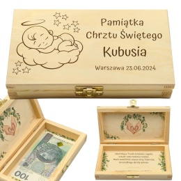 PAMIĄTKA NA CHRZEST CHRZTU ŚWIĘTEGO PUDEŁKO NA PIENIĄDZE 20X10,5X3,5cm Z ZAMKIEM