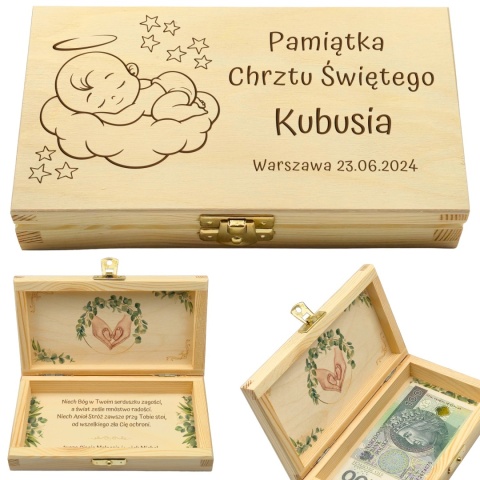 PAMIĄTKA NA CHRZEST CHRZTU ŚWIĘTEGO PUDEŁKO NA PIENIĄDZE 20X10,5X3,5cm Z ZAMKIEM