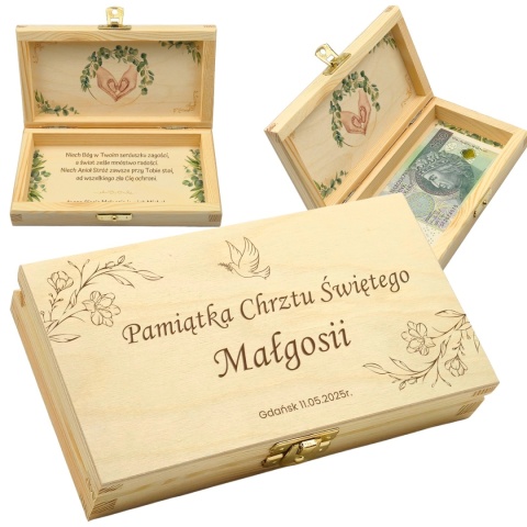 PAMIĄTKA NA CHRZEST CHRZTU ŚWIĘTEGO PUDEŁKO NA PIENIĄDZE 20X10,5X3,5cm Z ZAMKIEM