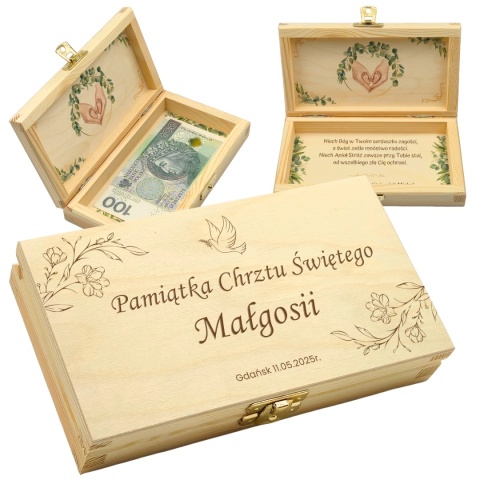 PAMIĄTKA NA CHRZEST CHRZTU ŚWIĘTEGO PUDEŁKO NA PIENIĄDZE 20X10,5X3,5cm Z ZAMKIEM