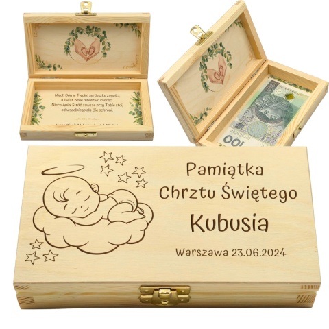 PAMIĄTKA NA CHRZEST CHRZTU ŚWIĘTEGO PUDEŁKO NA PIENIĄDZE 20X10,5X3,5cm Z ZAMKIEM