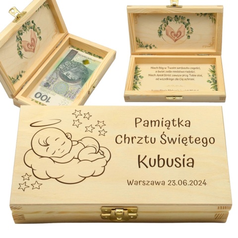 PAMIĄTKA NA CHRZEST CHRZTU ŚWIĘTEGO PUDEŁKO NA PIENIĄDZE 20X10,5X3,5cm Z ZAMKIEM