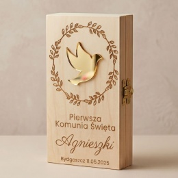 Pudełko na pieniądze na Komunię Świętą 3D ze złotą gołębicą i grawerem