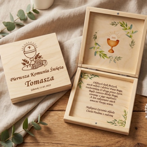 Pudełko na pieniądze na Pierwszą Komunię z grawerem, personalizowane