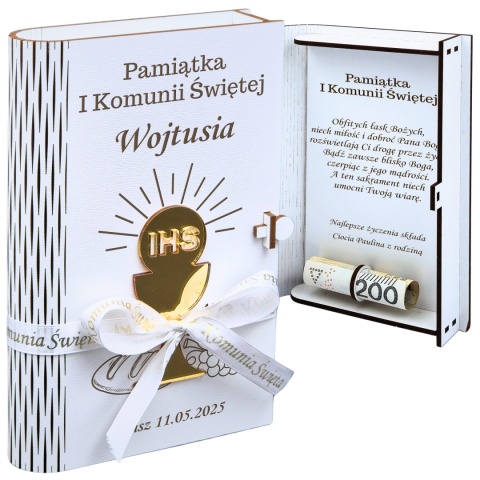 PUDEŁKO NA PIENIĄDZE 3D PAMIĄTKA KOMUNII ŚWIĘTEJ 3D ZE ZŁOTYM KIELICHEM