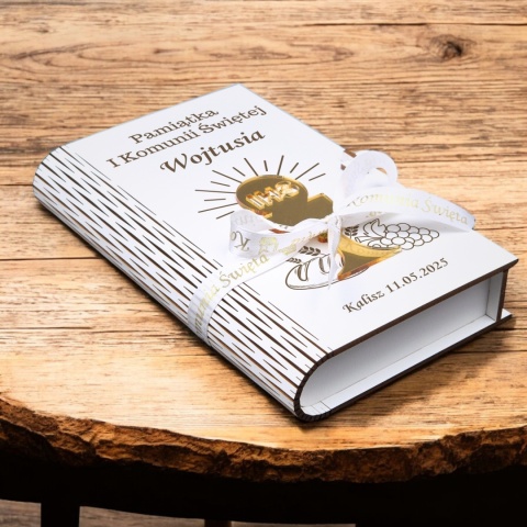 PUDEŁKO NA PIENIĄDZE 3D PAMIĄTKA KOMUNII ŚWIĘTEJ 3D ZE ZŁOTYM KIELICHEM