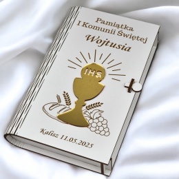 PUDEŁKO NA PIENIĄDZE 3D PAMIĄTKA KOMUNII ŚWIĘTEJ 3D ZE ZŁOTYM KIELICHEM