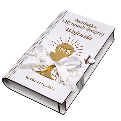 PUDEŁKO NA PIENIĄDZE 3D PAMIĄTKA KOMUNII ŚWIĘTEJ 3D ZE ZŁOTYM KIELICHEM