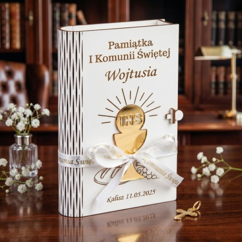 Pudełko na pieniądze na Komunię Świętą 3D ze złotym kielichem
