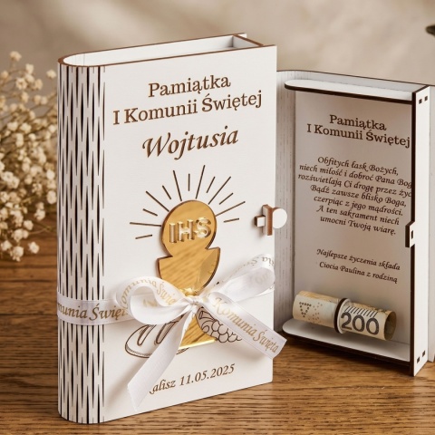 Pudełko na pieniądze na Komunię Świętą 3D ze złotym kielichem