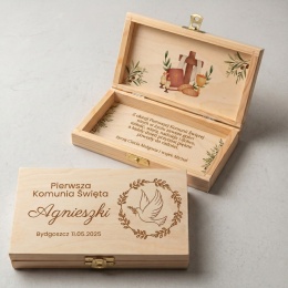 Personalizowane pudełko na pieniądze na Komunię Świętą z gołębicą