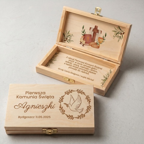 Personalizowane pudełko na pieniądze na Komunię Świętą z gołębicą