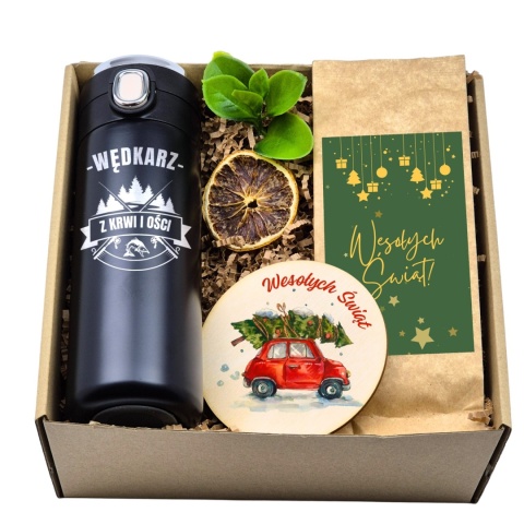 Prezent świąteczny dla wędkarza – zestaw: kubek termiczny z grawerem + herbata świąteczna