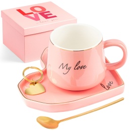 Zestaw upominkowy dla kobiet - filiżanka z podstawką, łyżeczką i brelokiem