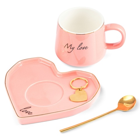 Zestaw upominkowy dla kobiet - filiżanka z podstawką, łyżeczką i brelokiem
