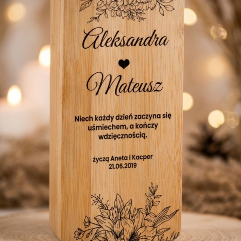 Bambusowy zestaw do wina z nadrukiem na prezent ślubny