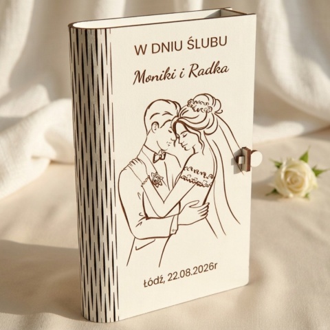 Białe pudełko harmonijka na pieniądze z grawerem zakochanej pary Ślub