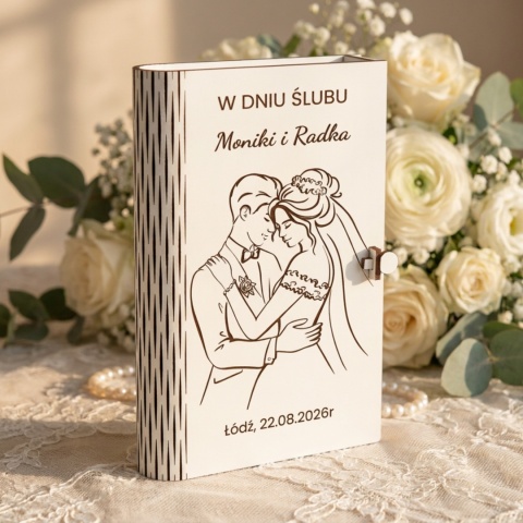 Białe pudełko harmonijka na pieniądze z grawerem zakochanej pary Ślub