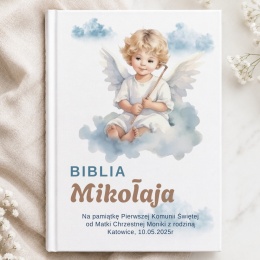 Biblia komunijna z personalizacją - aniołek na chmurkach