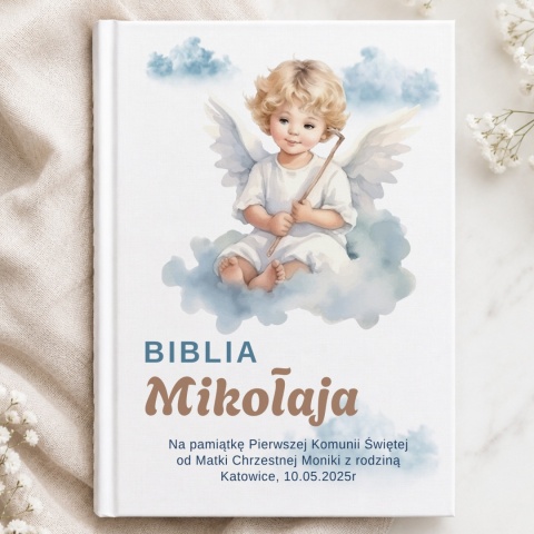 Biblia komunijna z personalizacją - aniołek na chmurkach