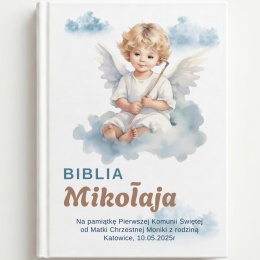 Biblia komunijna z personalizacją - aniołek na chmurkach