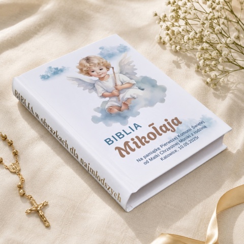 Biblia komunijna z personalizacją - aniołek na chmurkach