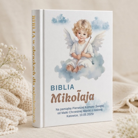 Biblia komunijna z personalizacją - aniołek na chmurkach