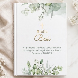 Biblia komunijna z personalizacją - botaniczny wzór z listkami