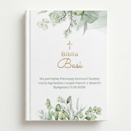 Biblia komunijna z personalizacją - botaniczny wzór z listkami