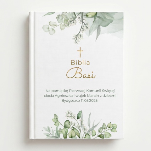 Biblia komunijna z personalizacją - botaniczny wzór z listkami