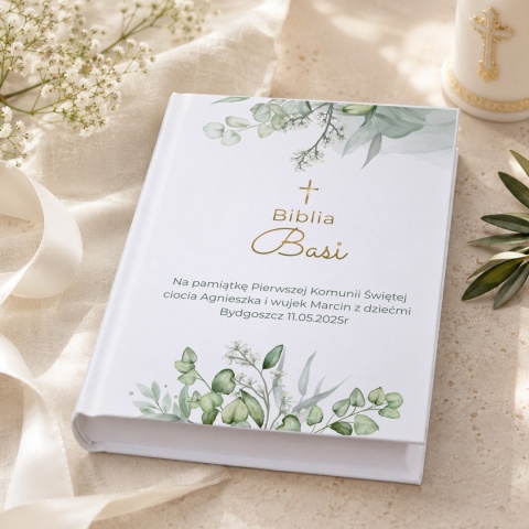 Biblia komunijna z personalizacją - botaniczny wzór z listkami